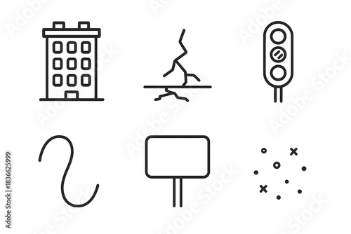 Forgotten Avenues Icons. Line style icons of Forgotten Avenues: dim apartment block, cracked pavement, glowing stoplight, curved