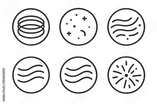 Whispering Abstract Icons. Line style vector icons of Whisper Static: drifting rings, faint particles, curved paths, gentle flow,