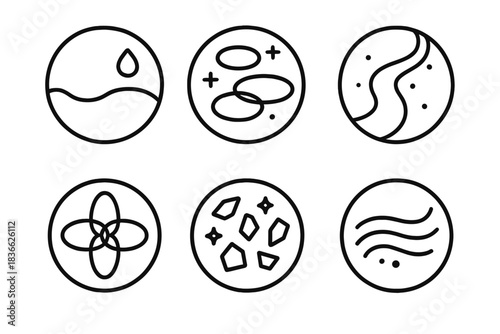 Divine Luminous Icons. Line style vector icons of Divine Material: liquid plastic, luminous rings, curved flow, sacred loops,