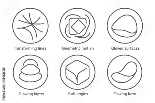Morphic Design Icons. Line style vector icons of Morphic Design: transforming lines, geometric motion, curved surfaces, glowing