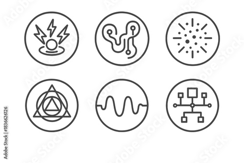 Electric Totems Icons. Line style vector icons of Electric Totems: glowing cores, curved paths, radiant dust, sacred geometry,