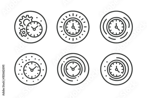 Forgotten Clock Icons. Line style vector icons of Forgotten Clocks: broken gears, luminous halos, curved beams, scattered dust,