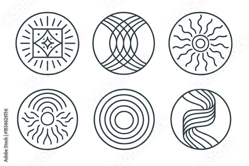Geometric Empathy Icons. Line style vector icons of Geometric Empathy: glowing patterns, harmonic curves, pulsing light, circular