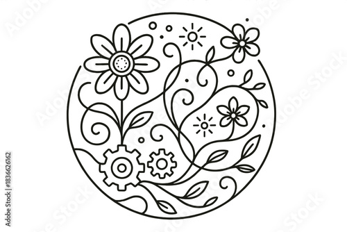 Mechanical Garden Elements. Line style vector icons of Mechanical Garden: steel flowers, curved wires, glowing pollen, fluid gears