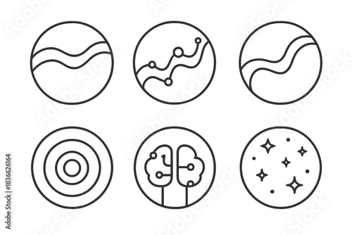 Memory Lines Icons. Line style vector icons of Memory Lines: curved trails, luminous dots, ink flow, glowing rings, neural balance