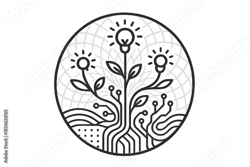 Techno Botanica Icons. Line style vector icons of Techno Botanica: radiant grids, organic circuits, curved stems, glowing blossoms