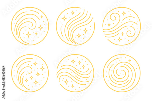 Golden Breeze Icons. Line style vector icons of Golden Breeze: curved lines, luminous trails, flowing dust, radiant air, soft