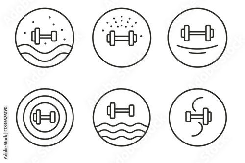 Floating Weight Icons. Line style vector icons of Floating Weight: curved beams, luminous dust, balanced motion, radiant circles,