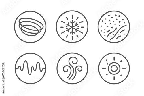 Glacial Touch Vectors. Line style vector icons of Glacial Touch: curved rings, luminous frost, glowing dust, cold rhythm, vapor