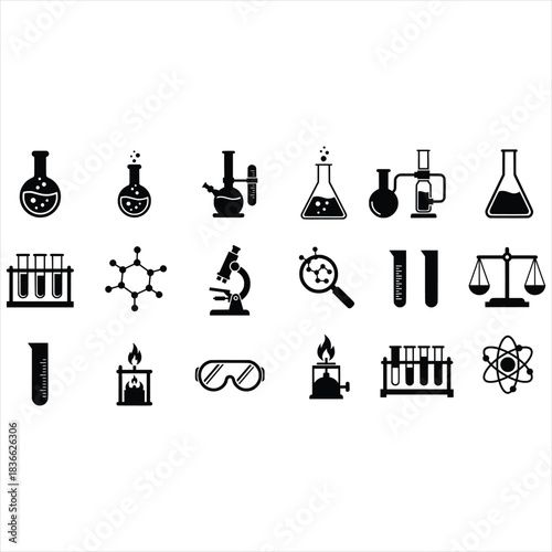 Laboratory Equipment Icon Set – Beakers, Flasks, Microscope, Atomic Symbol, Safety Gear, and Scientific Tools