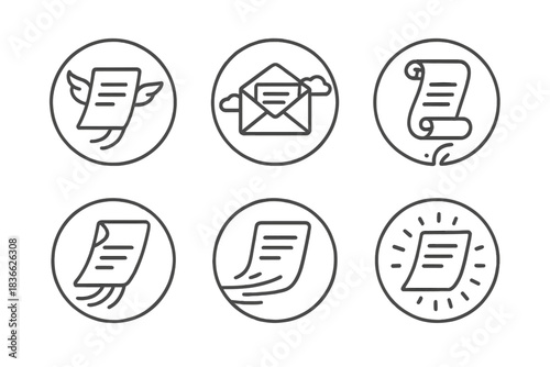 Airborne Messages Icons. Line style round vector icons of Airborne Messages: flying note, open sky letter, rising scroll, vapor
