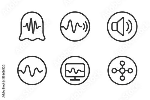 Ghost Frequency Icons. Line style round vector icons of Ghost Frequencies: spectral pulse, echoing wave, hollow sound, soft