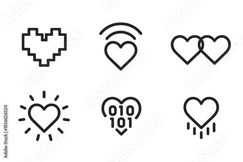 Digital Love Icons. Line style round vector icons of Digital Affection: pixel heart, wireless love, data bond, glowing aura,