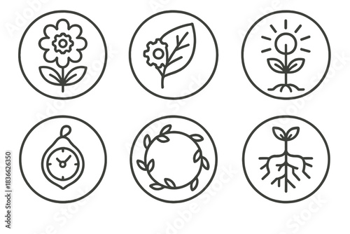 Clockwork Botanical Design. Line style round vector icons of Clockwork Eden: mechanical flower, gear leaf, radiant stem, ticking