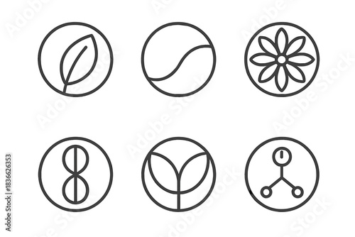 Edenic Design Icons. Line style round vector icons of Edenic Design: harmonic leaf, perfect curve, clock seed, radiant bloom,