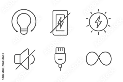 Electric Silence Icons. Line style round vector icons of Electric Silence: fading glow, low current, circular spark, quiet signal,