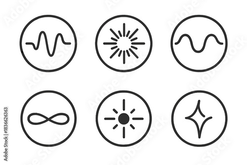 Luminous Calm Icons. Line style round vector icons of Luminous Calm: smooth pulse, radiant line, slow wave, quiet thread, glowing