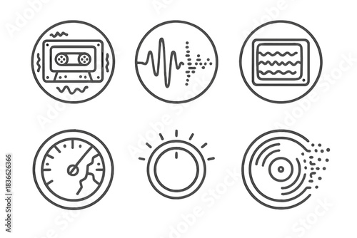 Analog Ghosts Illustrations. Line style round vector icons of Analog Ghosts: flickering cassette, fading waveform, static signal,