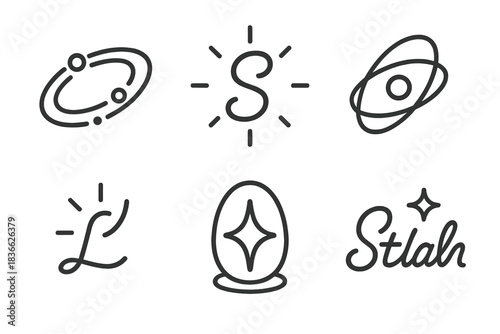 Stellar Script Icons. Line style round vector icons of Stellar Script: cosmic loop, radiant character, curved orbit, glowing