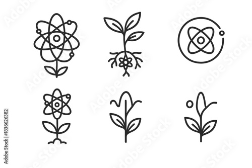 Particle Flora Icons. Line style round vector icons of Particle Flora: atom flower, quantum root, glowing orbit, luminous stem,