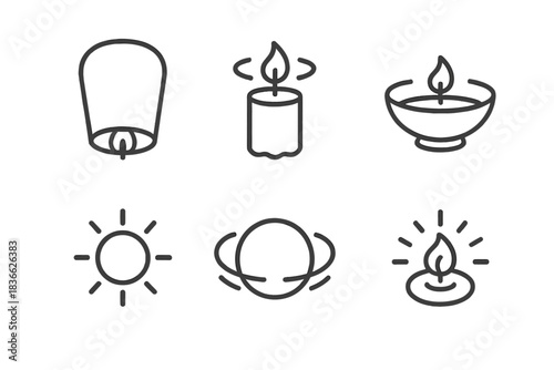 Floating Lights Icons. Line style round vector icons of Floating Lights: airy lantern, drifting glow, suspended flame, radiant orb