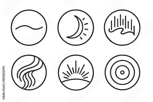 Aurora Edge Icons. Line style round vector icons of Aurora Edge: glowing stripe, curved flare, polar light, magnetic thread,