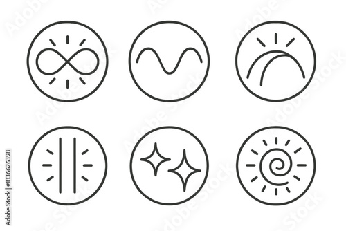 Luminous Balance Icons. Line style round vector icons of Luminous Balance: glowing loop, harmonic curve, radiant path, parallel