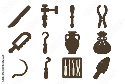 Ancient Surgical Instruments. Solid style icons of ancient surgical tools: bronze scalpel, trepanation drill, cautery iron,
