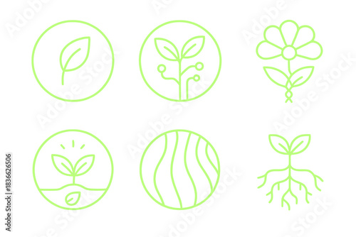 Cyber Botanical Growth. Line style round vector icons of Cyber Growth: neon leaf, coded vine, wired root, electric bloom, glowing