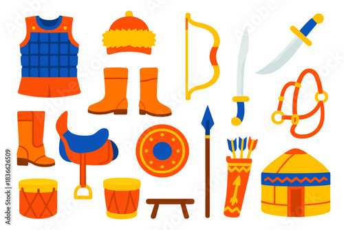 Nomadic Warrior Icons. Flat vector icons of Nomadic Warrior Armor: lamellar cuirass, fur hat, composite bow, curved saber, leather