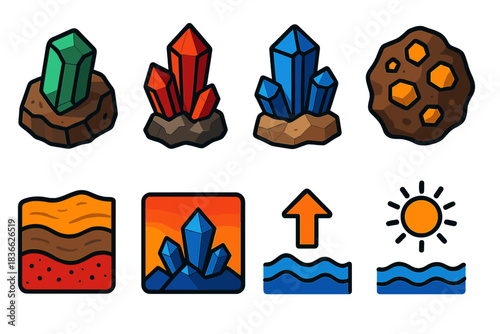 Gem Formation Illustrations. Isometric vector illustration set Gem formation: emerald, ruby, sapphire crystals, inclusions as