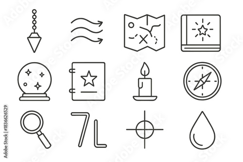 Line Icon Divination Tools. Line style icons of Divination Tools: Pendulum, Energy Flow, Dowsing Map, Alternative Method; Crystal