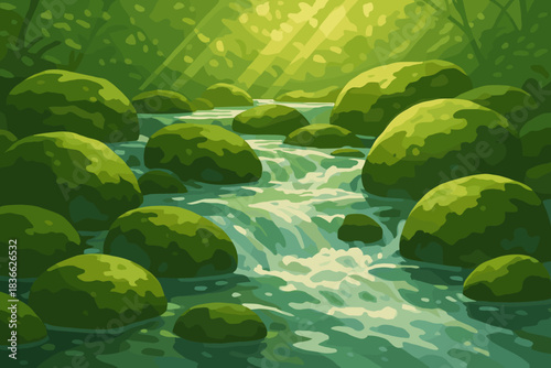 Tranquil Mossy Stream. Crystal-clear stream flowing over moss-covered rocks under dappled vector illustration sunlight, natural
