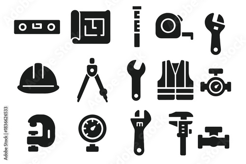 Engineering Tools Icons. Solid style icons of Engineering tools: level, blueprint, survey rod, measuring tape, hard hat, drafting