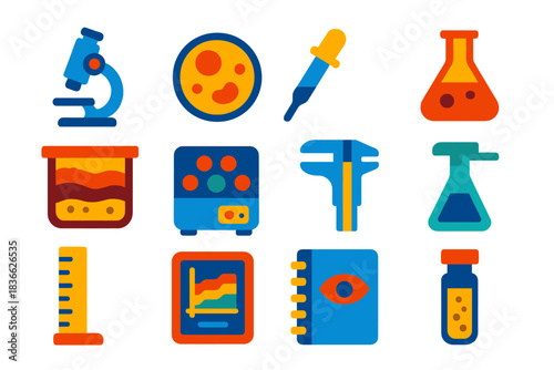 Geoarchaeology Lab Tools Icons. Flat vector icons of laboratory tools for geoarchaeology: microscope, petri dish, pipette, lab