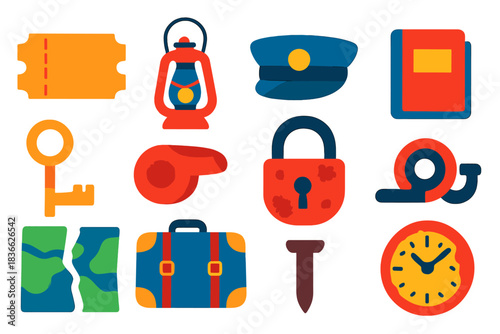 Forgotten Railway Icons. Flat vector icons of Forgotten Railway Artifacts: ticket stub, lantern, conductor hat, timetable book,