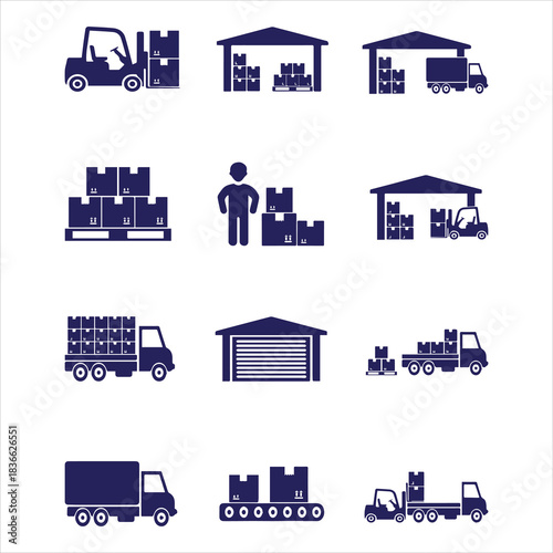 Logistics and Transportation Icon Set – Warehouse, Forklift, Truck, Delivery, Supply Chain Symbols