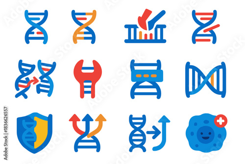DNA Repair Icons. Flat vector icons of DNA repair mechanisms: mismatch repair icon, base excision enzyme, nucleotide excision,