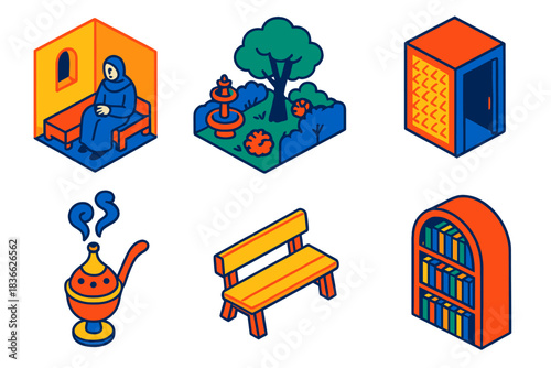 Silent Spaces Icons. Isometric vector illustration set History of silence: monastic cells, quiet gardens, soundproof chambers,