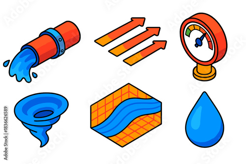 Fluid Dynamics Icons. Isometric vector illustration set Fluid Dynamics: flowing water pipe, velocity arrows, pressure gauge,