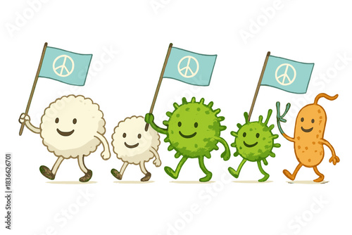 Immune System Parade. Immune system parade with friendly white blood cells marching beside microbes waving flags of peace No text,