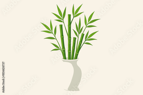 Ceramic Vase with Bamboo. Elegant white ceramic vase filled with vector illustration vibrant green bamboo shoots, minimalist and