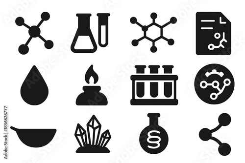Scent Chemistry Icons. Solid style icons of Scent chemistry: molecular structure, beaker set, chemical bond diagram, formula sheet