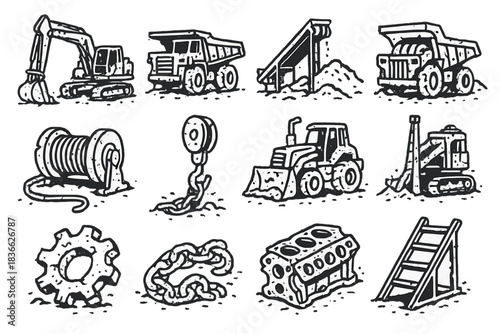 Heavy Machinery Icons. Line style icons of heavy machinery ruins: excavator, dump truck, conveyor belt, crusher; winch, pulley,