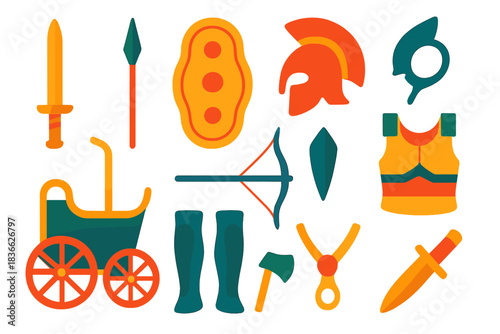 Mycenaean Warfare Icons. Flat vector icons of Mycenaean Warfare: bronze sword, spear, shield, helmet, chariot, bow, arrowhead,