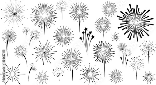 Fireworks, stars, bursts, vector illustration set. different styles, sizes. Perfect for New Year, celebrations, holiday, festive, party, night sky, pyrotechnics, sparks, bang, boom, pop, rocket