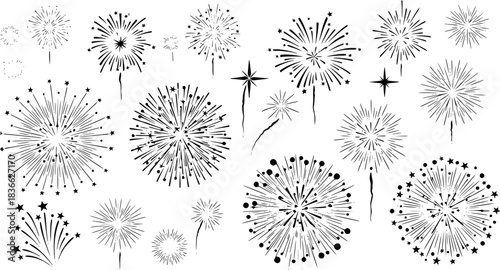 Fireworks, stars, bursts, vector illustration set. different styles, sizes. Perfect for New Year, celebrations, holiday, festive, party, night sky, pyrotechnics, sparks, bang, boom, pop, rocket