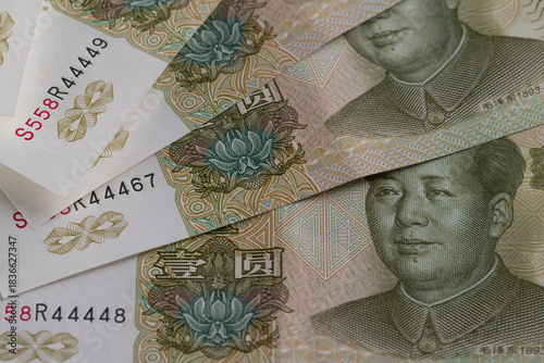 Close Up Full Frame Background of Chinese Yuan Banknotes with Mao Zedong Portrait