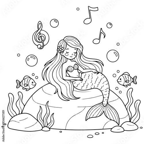 Mermaid Resting on a Rock with Musical Bubbles