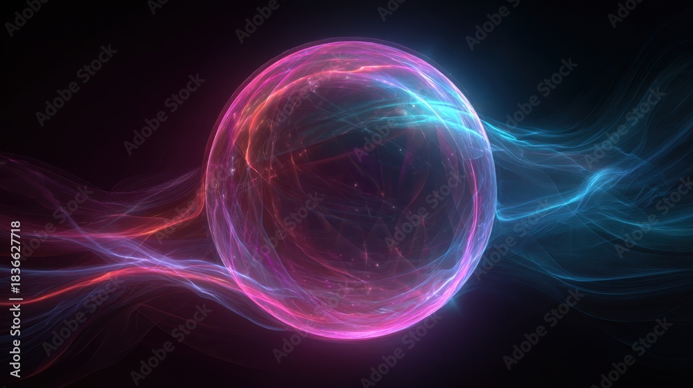 Obraz premium A bright, glowing sphere is surrounded by colorful light trails that swirl around it, set against a dark background.